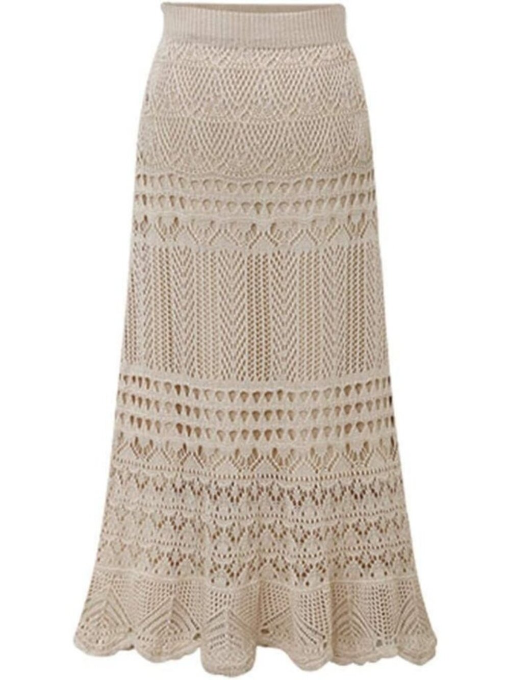 High Waist Crochet Hollow Out Lace Maxi Skirt - Flowy Knit Patterned Design